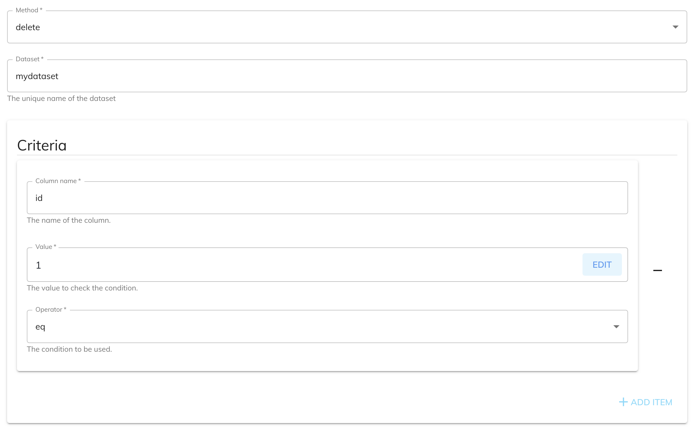 Dataset Delete Row Configuration