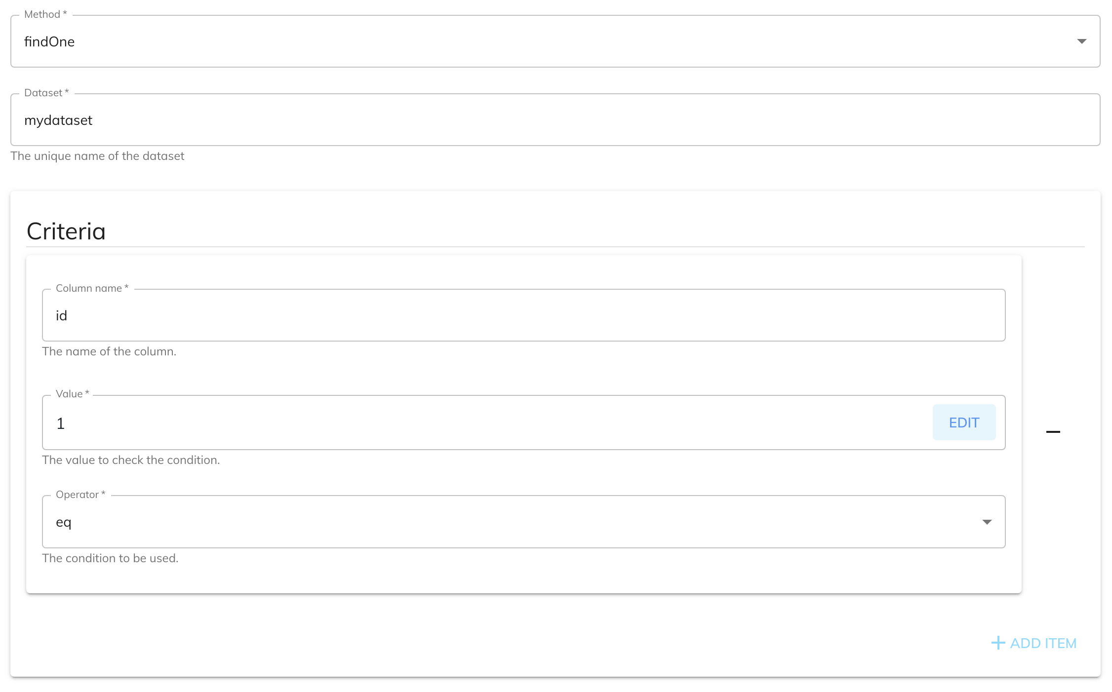 Dataset Find One Row Configuration