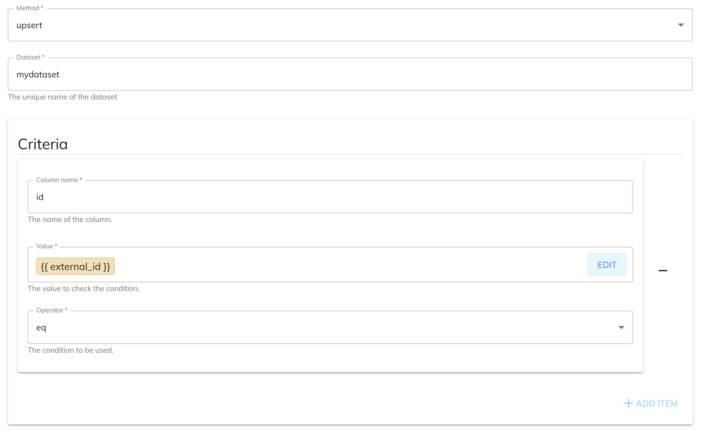 Dataset Upsert Row Configuration