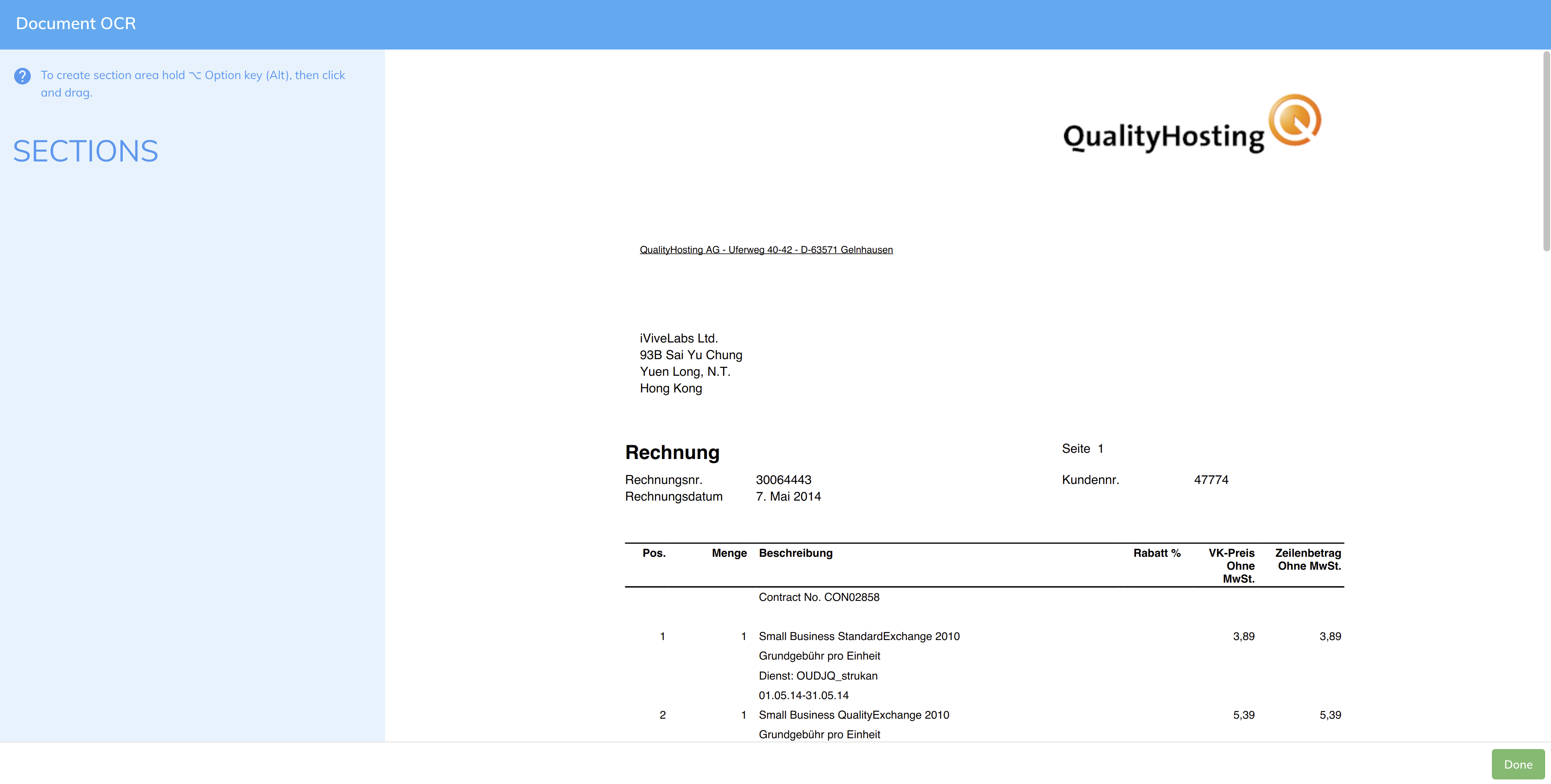 Document OCR Section Configuration